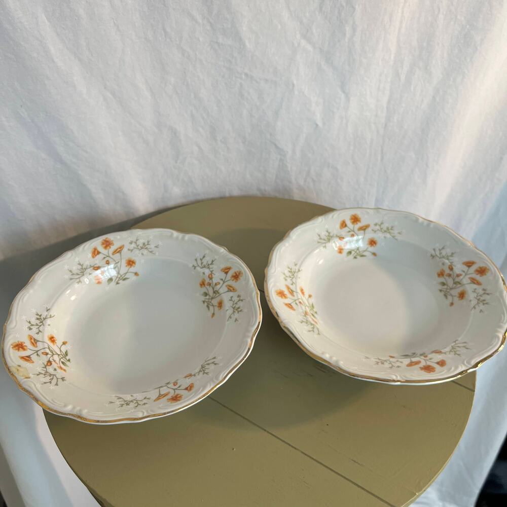 Porcelain Soup Bowls with Orange Floral Detail Made in Poland